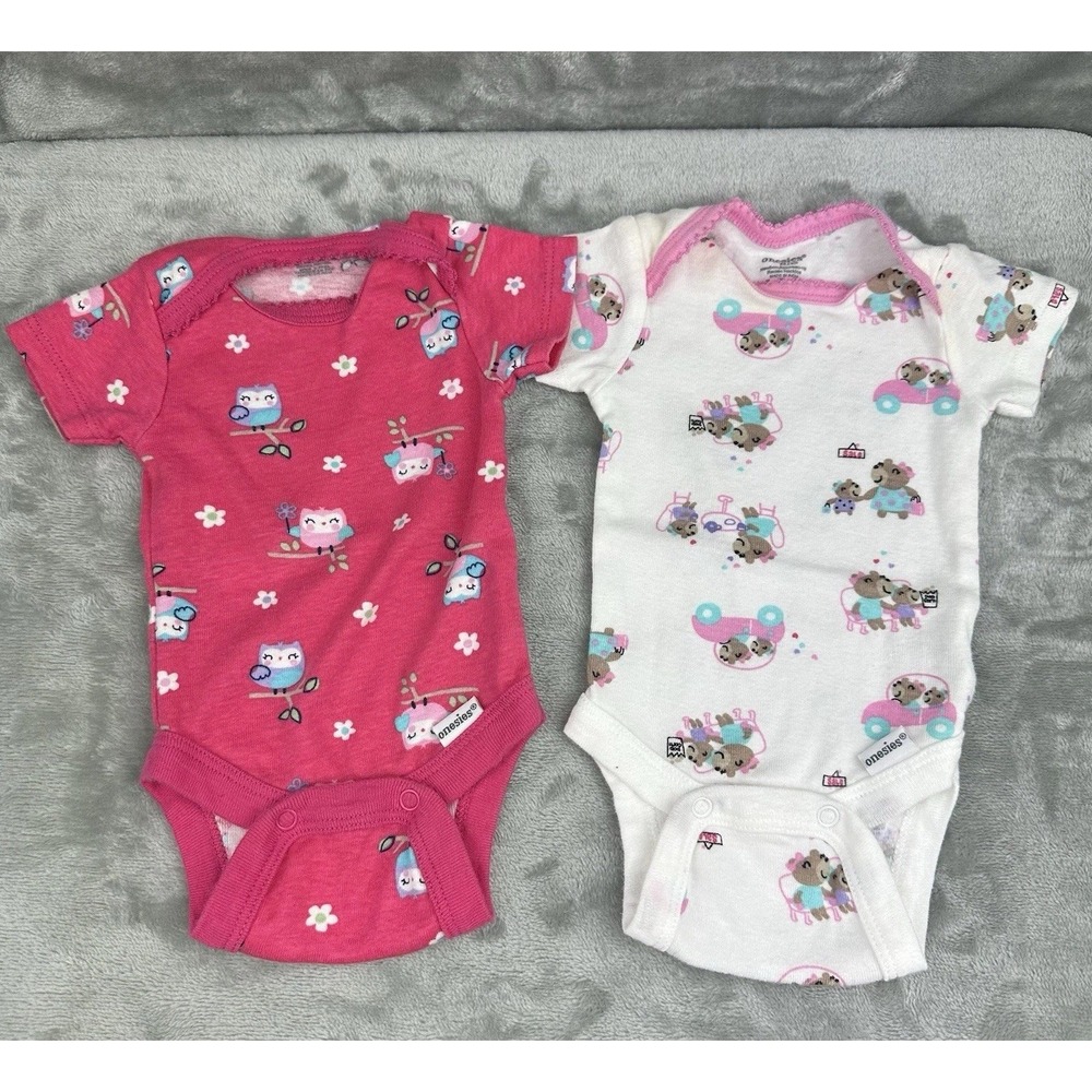 Gerber Onesies Brand Set Of 2 Bodysuit Newborn Pink White Owl Bear Flowers